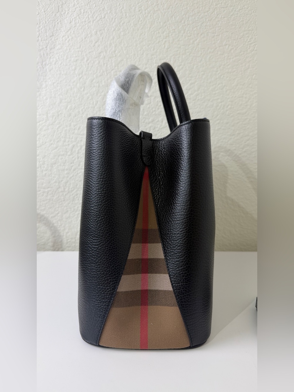 Burberry Black Leather Top-Handle Tote with Signature Check $2250 - Picture 5 of 9